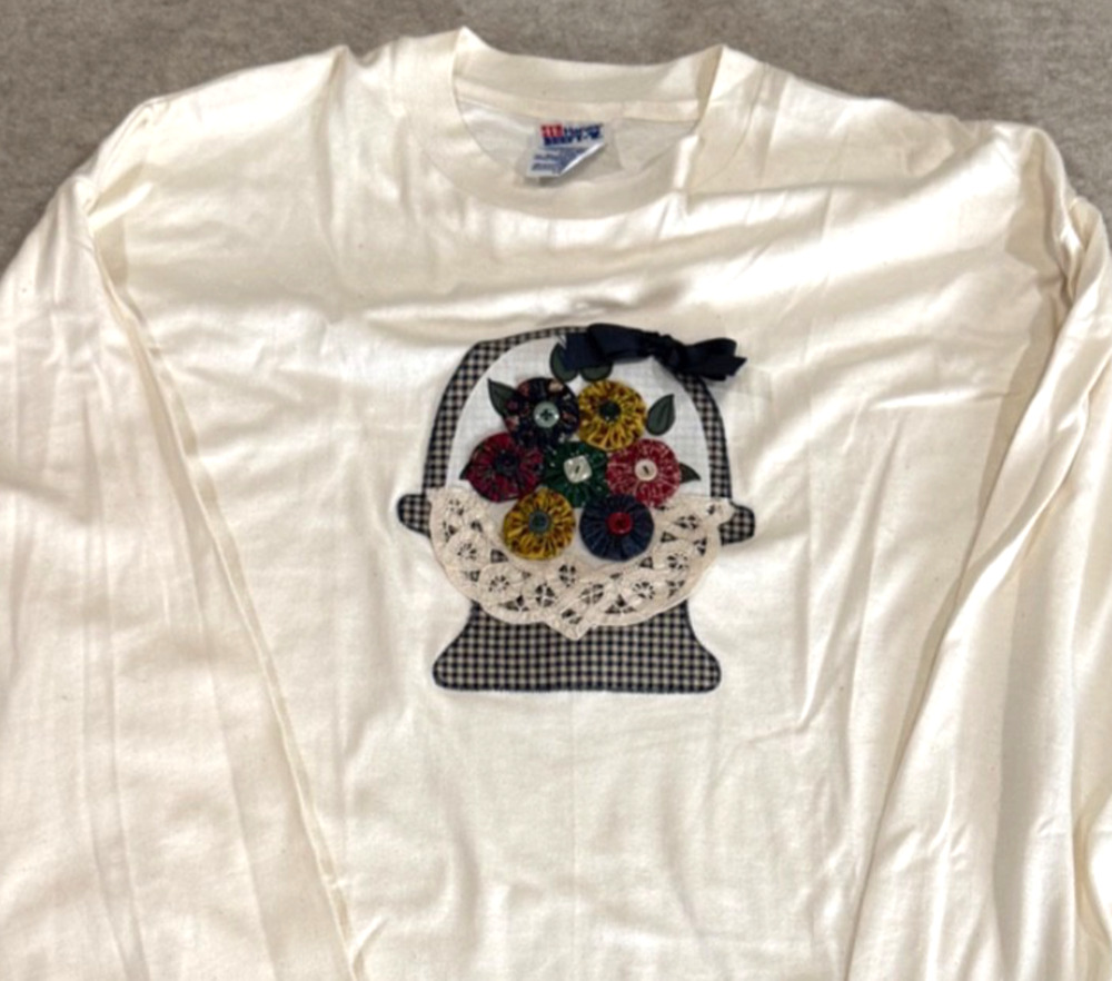 3D Yoyo Flower Basket Applique Vtg Long Sleeve T-Shirt Sz XL Handmade Country